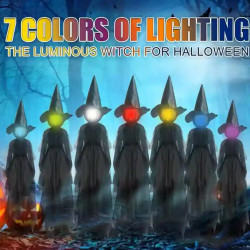Halloween outdoor decorations, big lights, screaming witches holding hands