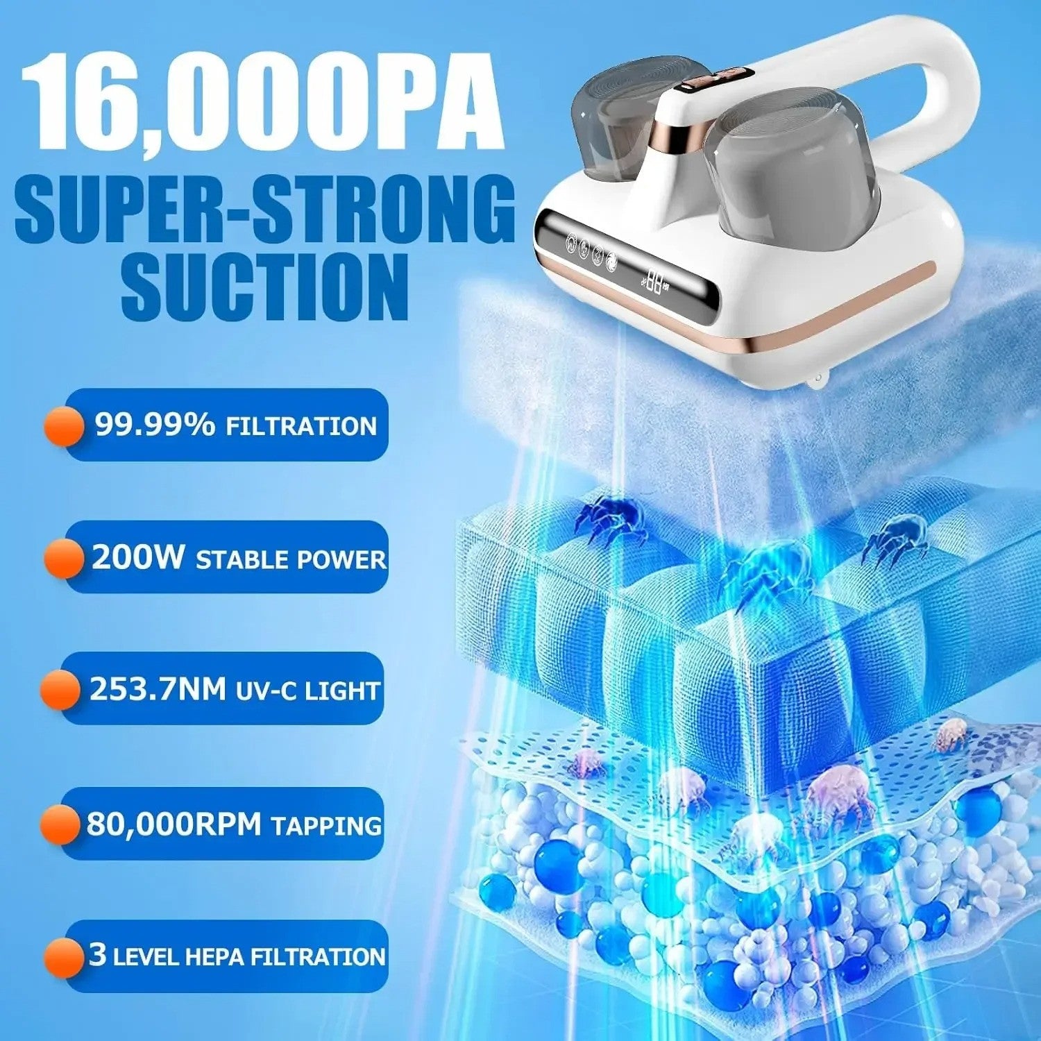 🛏️✨ Wireless UV-C Mattress Vacuum Cleaner & Mite Remover 🦠💨