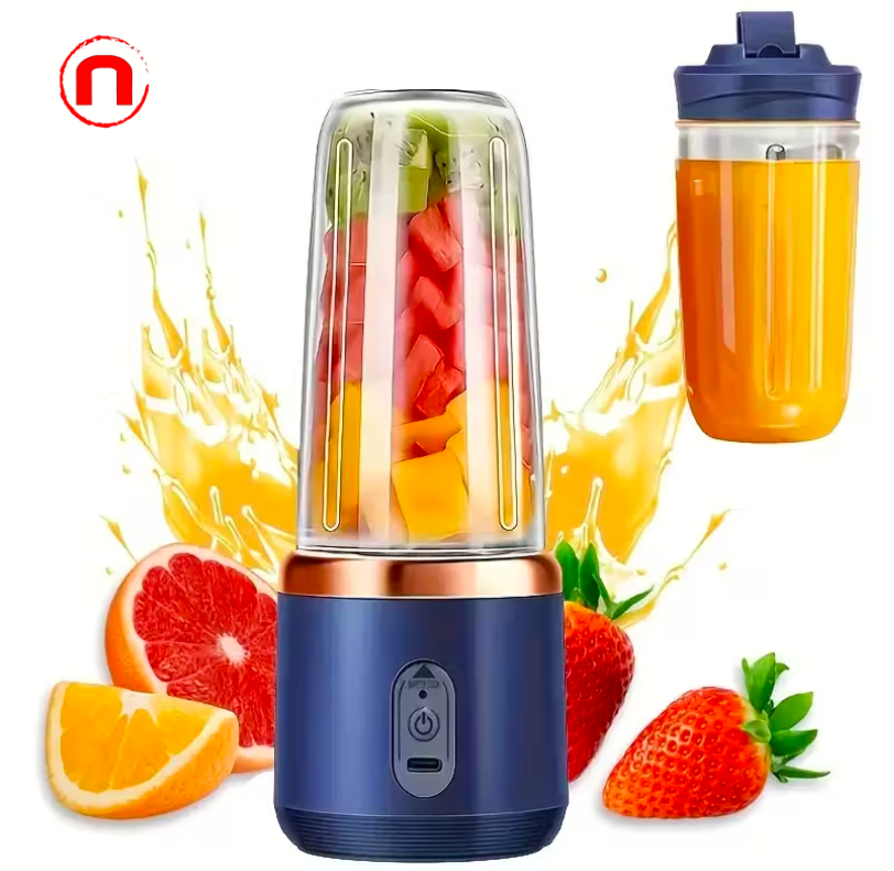 Portable double-cup fruit and vegetable juicer, made of food-grade ABS, with rechargeable battery