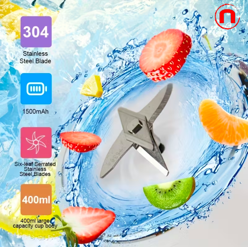 Portable double-cup fruit and vegetable juicer, made of food-grade ABS, with rechargeable battery