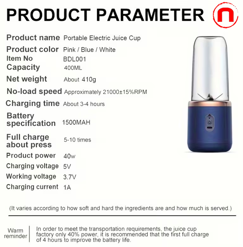 Portable double-cup fruit and vegetable juicer, made of food-grade ABS, with rechargeable battery