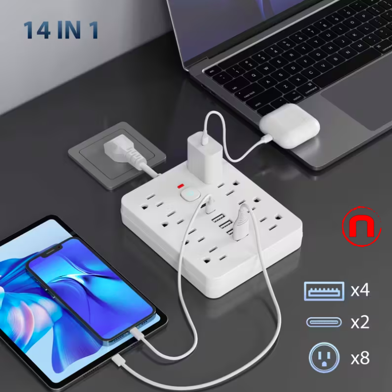 Regleta con protector de sobretensión 14 en 1 con 8 tomas de CA, 4 puertos USB-A y 2 puertos USB-C