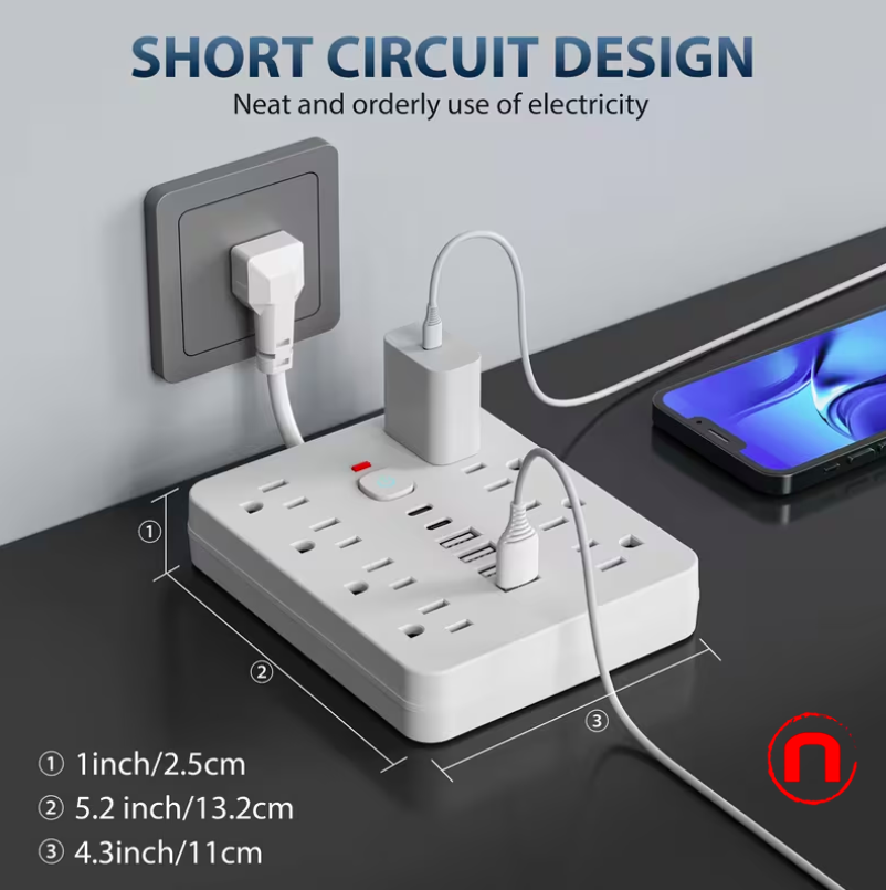 Regleta con protector de sobretensión 14 en 1 con 8 tomas de CA, 4 puertos USB-A y 2 puertos USB-C