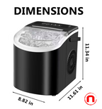 Countertop ice maker with handle, makes 9 ice cubes in 6 minutes, comes with a basket and ice scoop.