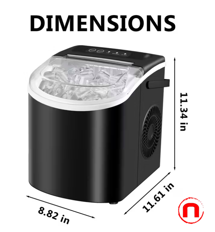 Countertop ice maker with handle, makes 9 ice cubes in 6 minutes, comes with a basket and ice scoop.