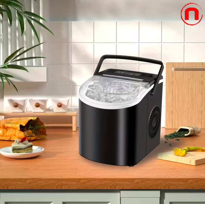 Countertop ice maker with handle, makes 9 ice cubes in 6 minutes, comes with a basket and ice scoop.
