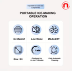 Countertop ice maker with handle, makes 9 ice cubes in 6 minutes, comes with a basket and ice scoop.