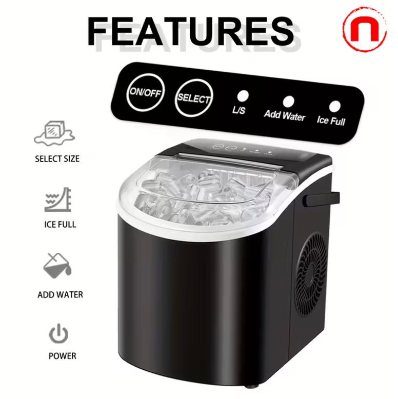 Countertop ice maker with handle, makes 9 ice cubes in 6 minutes, comes with a basket and ice scoop.