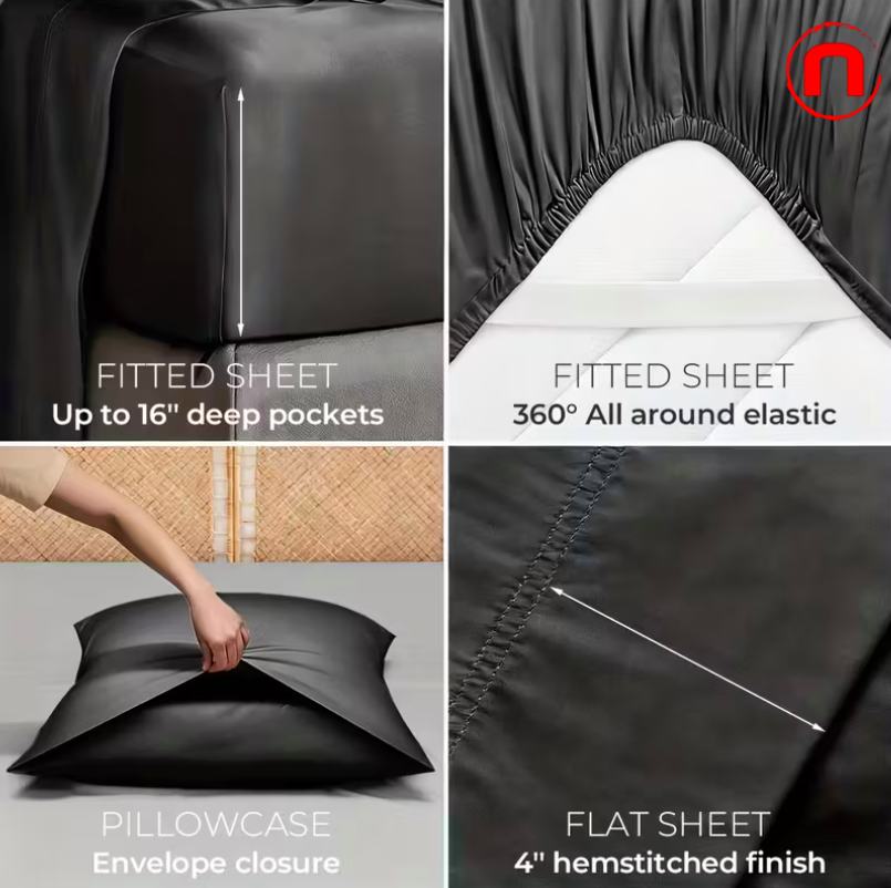 Juego de ropa de cama de bambú individual - Transpirable y suave - Fundas de almohada, sábana encimera y sábana bajera