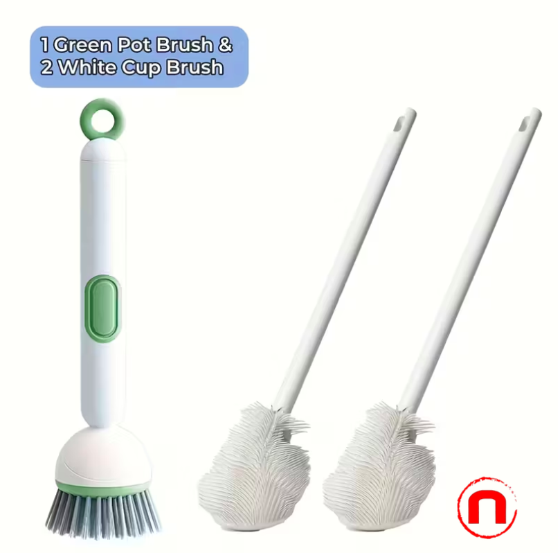 Juego de 3 cepillos lavaplatos resistentes con dispensador de detergente