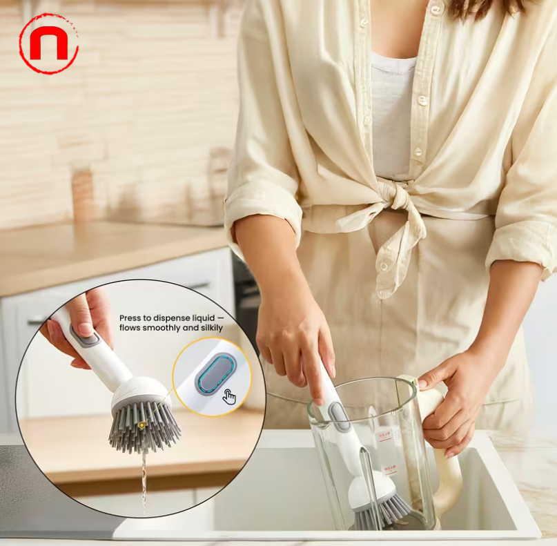Juego de 3 cepillos lavaplatos resistentes con dispensador de detergente