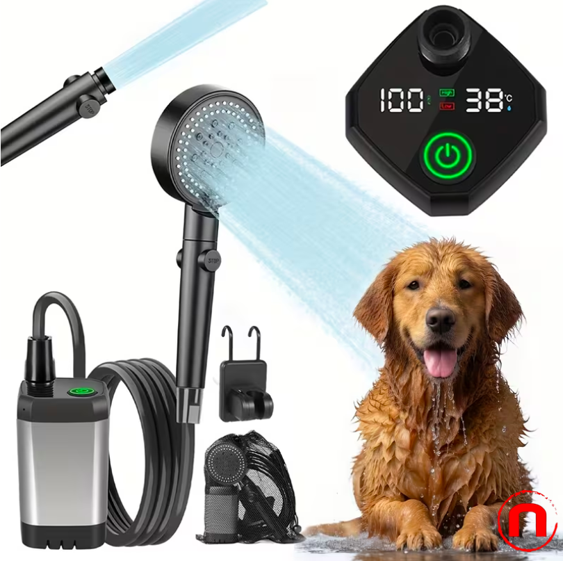 Portable pet shower with temperature display, 6000 mAh battery
