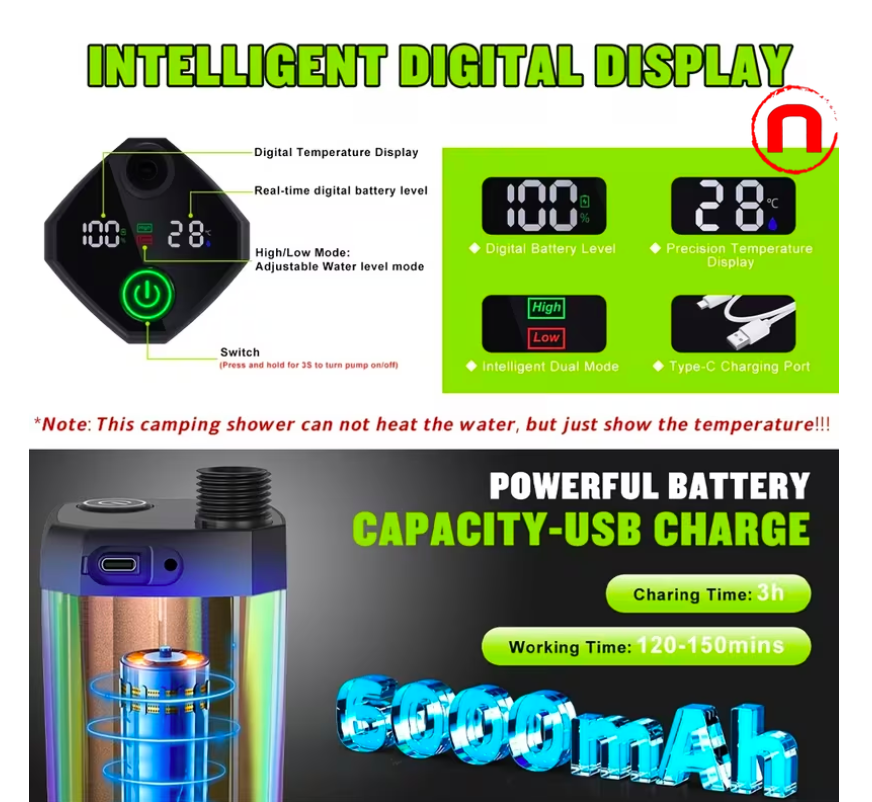 Portable pet shower with temperature display, 6000 mAh battery