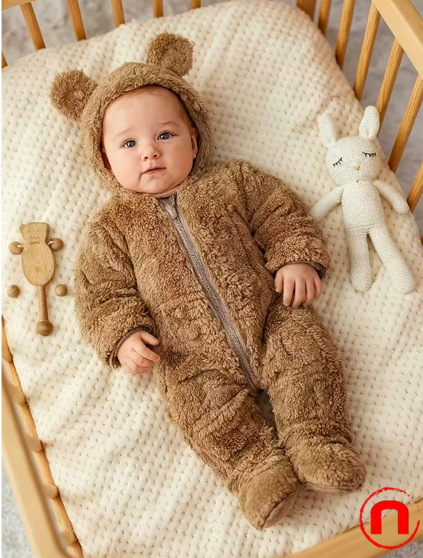 Plush jumpsuit with hood and feet for newborns, with cartoon print,
