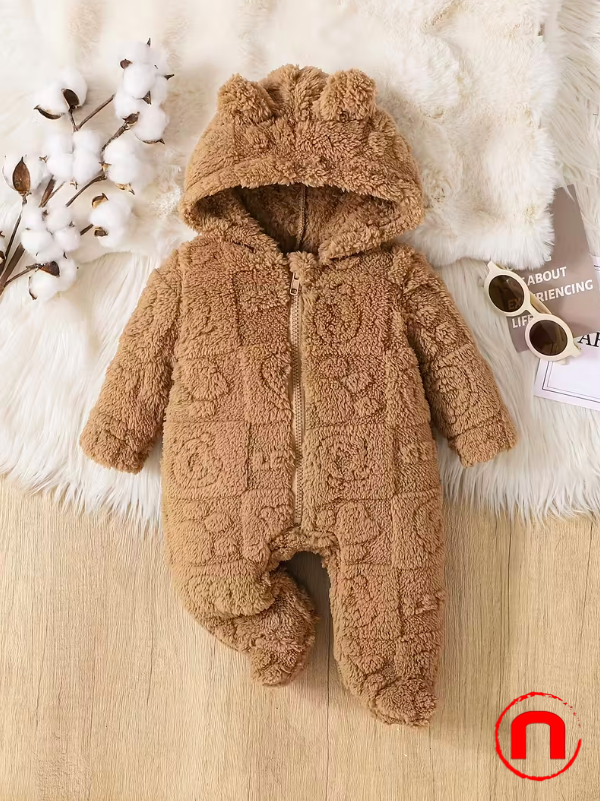 Mono de peluche con capucha y pies para recién nacidos, con estampado de dibujos animados,
