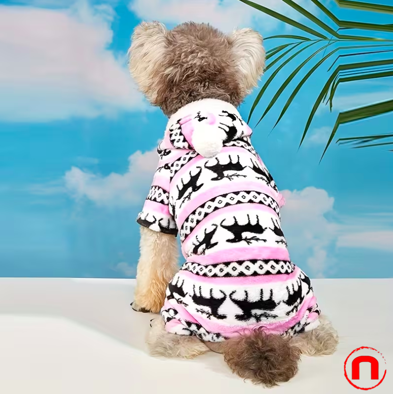 Christmas Reindeer Costume for Small Pets, One-Piece Plush Pajamas