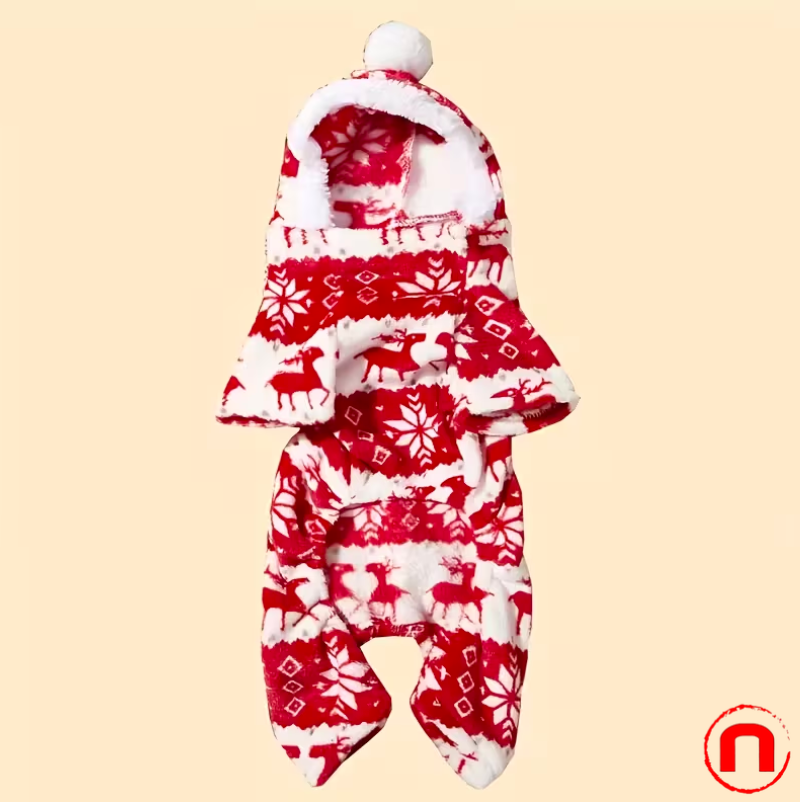 Christmas Reindeer Costume for Small Pets, One-Piece Plush Pajamas