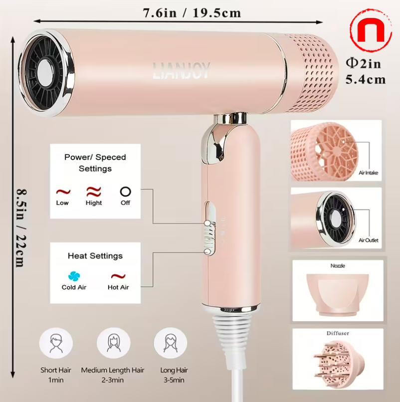Foldable Hair Dryer with Diffuser for Curly Hair