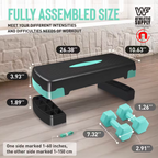 Aerobic stepper set with adjustable height, 2 dumbbells, and measuring tape.