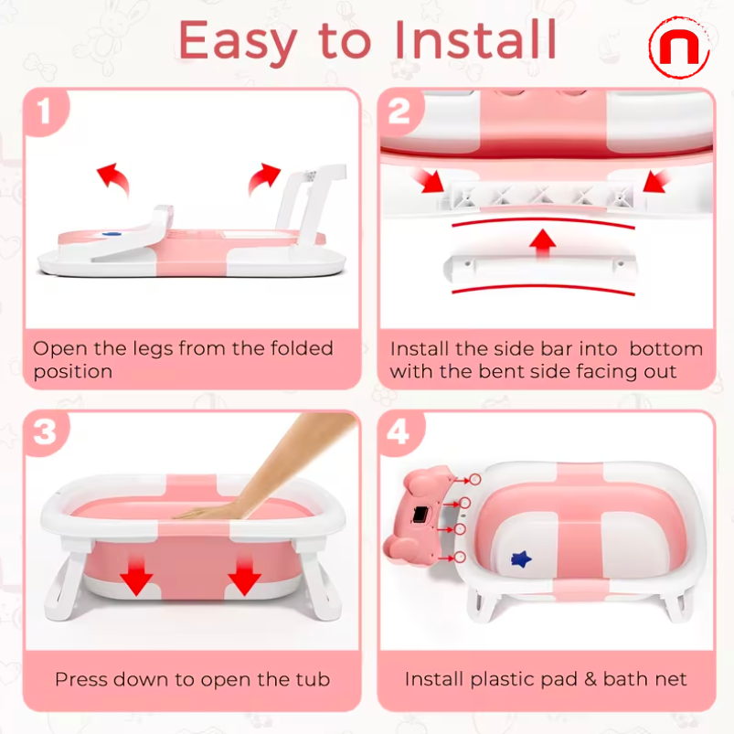 Improved foldable baby bathtub with liner and thermometer