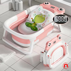 Improved foldable baby bathtub with liner and thermometer