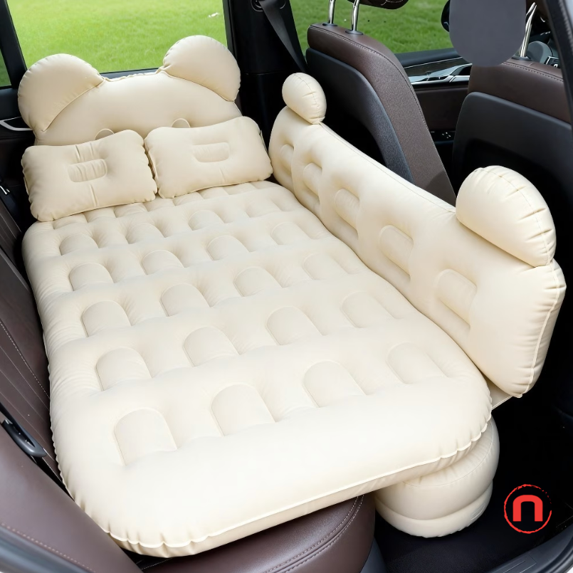 Cloud-Soft Bear-Shaped Inflatable Car Mattress – Beige