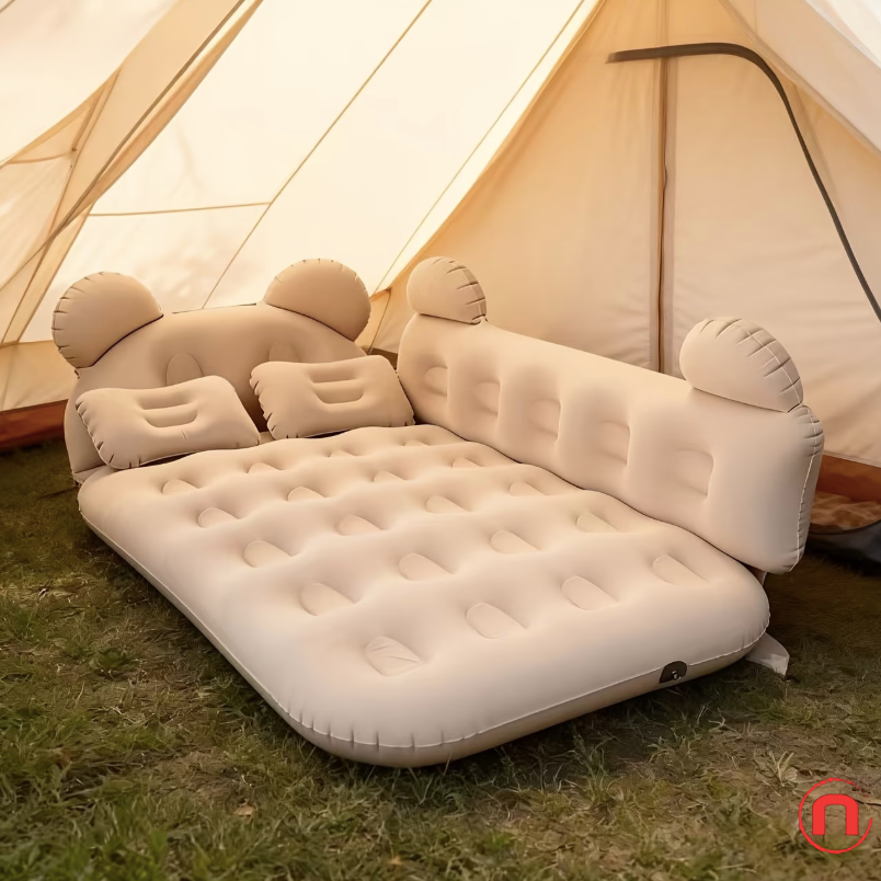 Cloud-Soft Bear-Shaped Inflatable Car Mattress – Beige