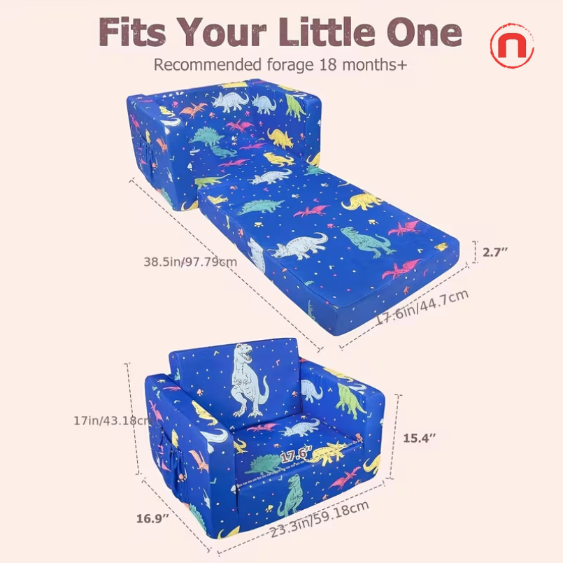 2-in-1 Foldable Kids Sofa Bed 🦖💙🛋️