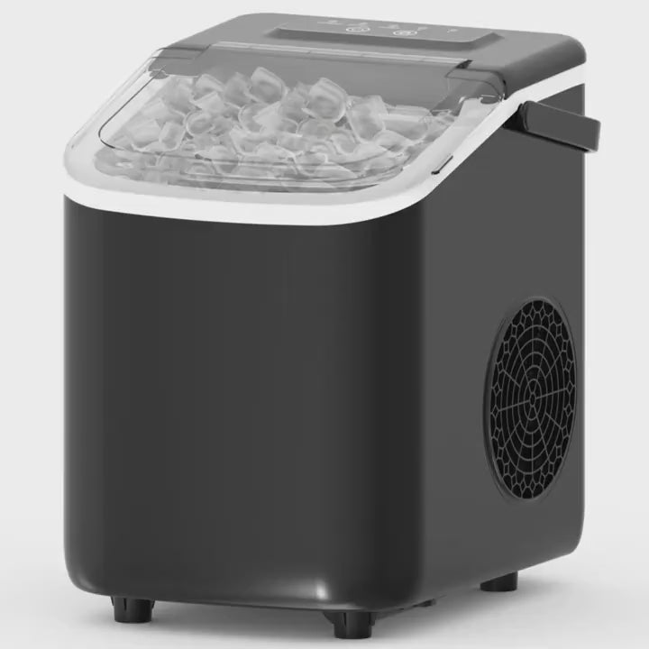 Countertop ice maker with handle, makes 9 ice cubes in 6 minutes, comes with a basket and ice scoop.