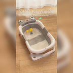 Improved foldable baby bathtub with liner and thermometer